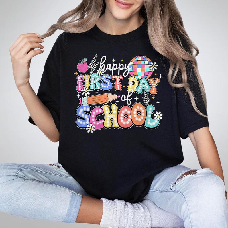Happy First Day Of School Shirt, Teacher Women Top, Retro Teacher Back To School Tee, Funny First Day Of School Shirt, Cute Teacher T-Shirt, Teacher Team Outfits, Kindergarten Teacher, First Grade Shirt, Teacher Women Tops