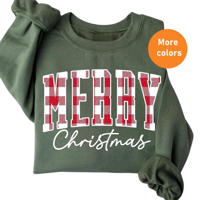 Merry Christmas Buffalo Plaid Sweatshirt - Cute Xmas Family Crewneck, Winter Holiday Gift for Her, WomenÃ¢â‚¬â„¢s Christmas Sweater, Gift for Best Friend, Gi