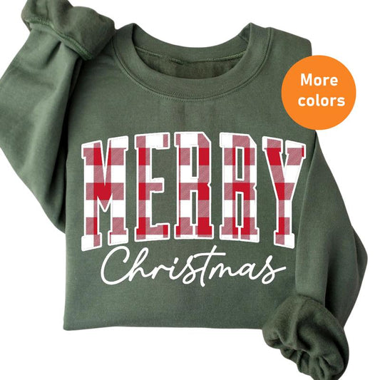 Merry Christmas Buffalo Plaid Sweatshirt - Cute Xmas Family Crewneck, Winter Holiday Gift for Her, WomenÃ¢â‚¬â„¢s Christmas Sweater, Gift for Best Friend, Gi