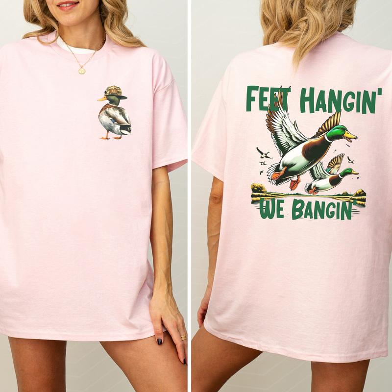 Camo Duck Hunt Feet Hangin We Bangin 2-Sided Graphic Shirt, Mallard Hunting Tops for Men, Unisex Hunter Tshirt, Soft Cotton Fabric Casual Womenswear
