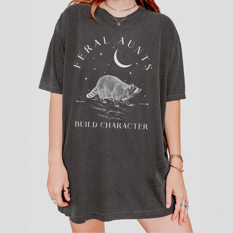 Feral Aunts Build Character Shirt, Raccoon Lover Aunt Shirt, Vintage Raccoon Art Crescent Moon Tee, Whimsigoth Aunty Tee, Aunty Shirt, Weird Gifts For