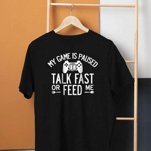 Funny Gamer T-Shirt - Gamer Gifts for Gamers, 'Talk Fast or Feed Me' Tee, Boys Gaming Shirt, Men's Top Tee Clothing, Gift for Best Friend, Gift for Hi