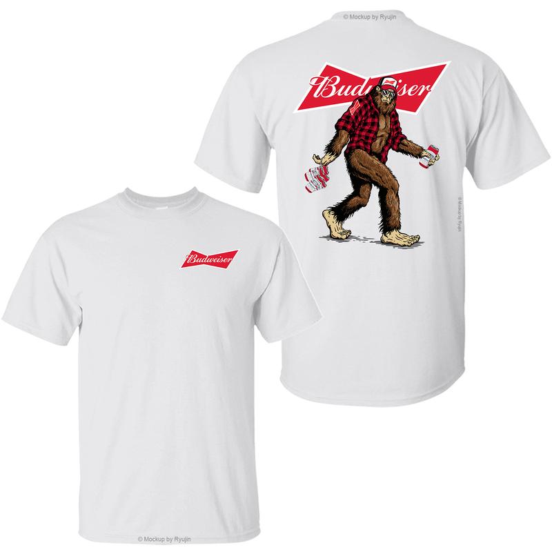 Bigfoot Budweiser T-Shirt, Sasquatch Holding Budweiser Beer Cans 2 Sided Graphic Printed Unisex Classic Comfort Cotton T-Shirt