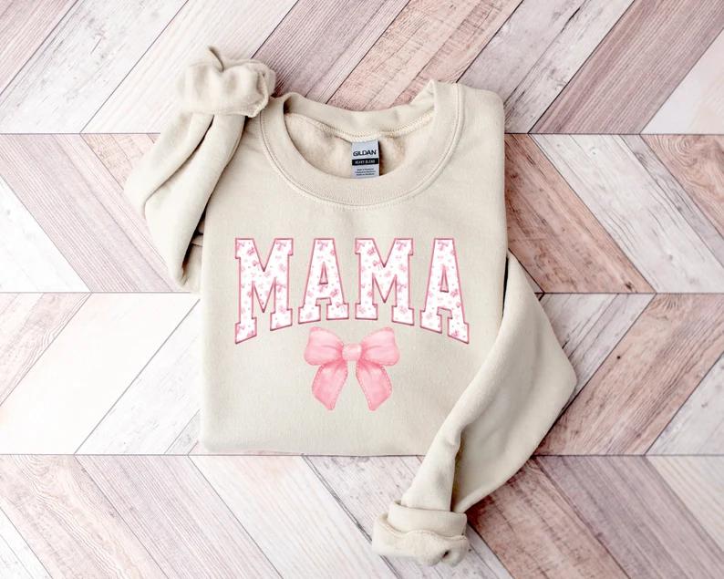 Coquette Pink Mama Sweatshirt, Cute Pink Bow Mama Sweatshirt, Popular Mother Tee, Trendy Mother Gift, Mother Day Gift
