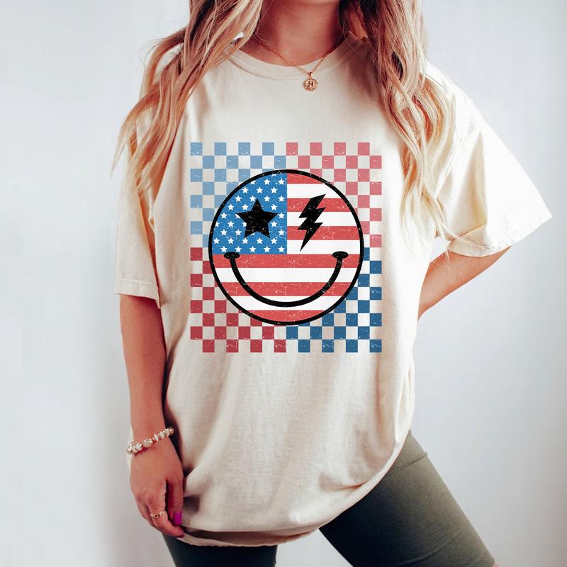 Retro Smiling 4th Of July Shirt, Patriotic Shirt, 4th Of July Checkered Shirt, America Shirt, Independence Day T Shirt, USA Flag Shirt, Funny 4th of July Gift T-shirt, American Tee, Independence Day Parade Outfits, 4th Of July Women Top Casual Comfort