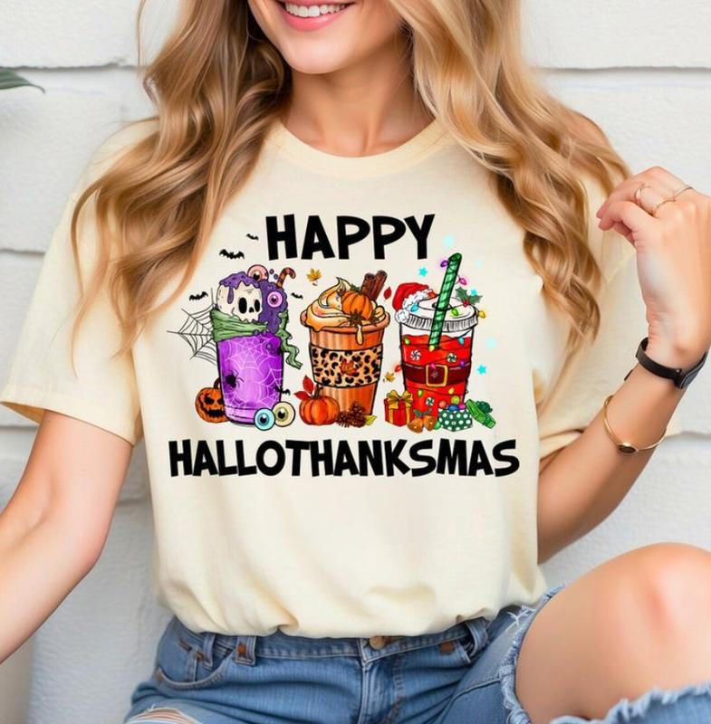 Happy HalloThanksMas Coffe Shirt - Sweatshirt - Hoodie, Funny Gnome Sweatshirt, Cute Drinking T-shirt, Women Christmas Shirt, Thanksgiving Tee, Hallow