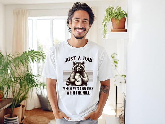 Just A Dad Who Always Came Back With The Milk Raccoon Shirt, Dark Humor Minimalist Funny Milk T-shirt, Vintage Animal Tee, Father's Day Underwear