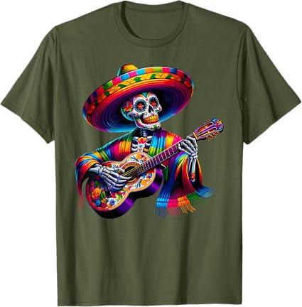 Funny Cinco De Mayo Skeleton Skull Fiesta Sombreros Guitar T-Shirt