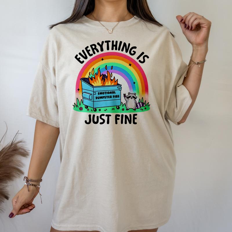 Dumpster Fire Raccoon - T-Shirt -  Print is Sublimation, Unisex T-Shirt, Funny Tee,Gift Idea, Relaxed Fit, Casual Apparel, Great with Jeans, Womenswea