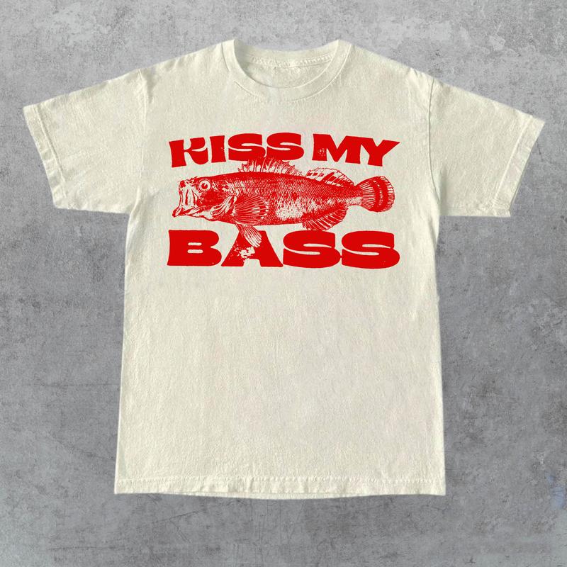 Kiss My Bass Vintage Style Fishing T-Shirt, Retro Fisher T Shirt, Fisher Gear, Fisher Graphic Shirt, Adult Unisex Relaxed Cotton Shirt - Red Design Limited Edition