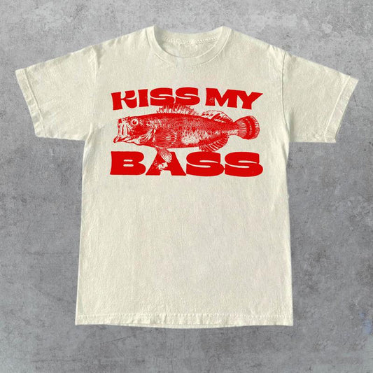 Kiss My Bass Vintage Style Fishing T-Shirt, Retro Fisher T Shirt, Fisher Gear, Fisher Graphic Shirt, Adult Unisex Relaxed Cotton Shirt - Red Design Limited Edition