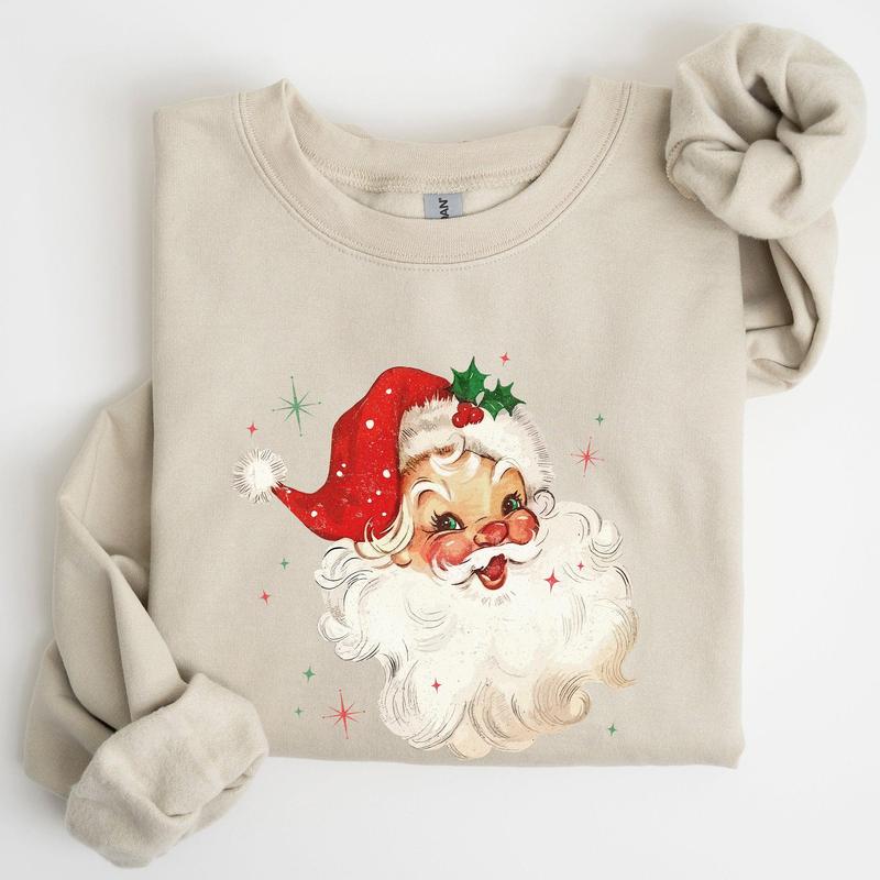 Red Retro Santa Claus, Christmas Vintage Classic, Snow, Xmas Sweatshirt, Women's Crew Neck, Crewneck