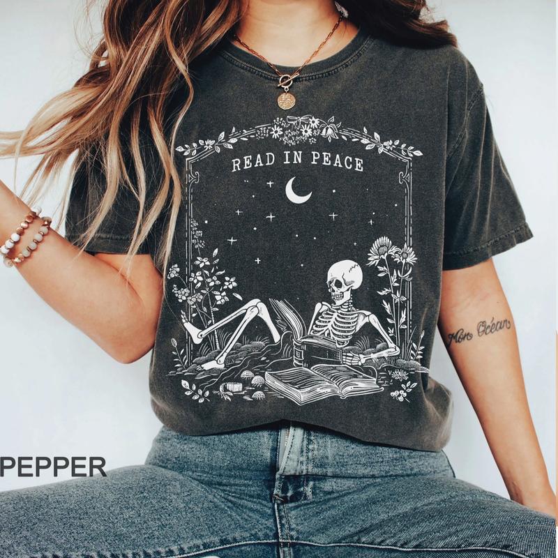 Read in Peace Shirt Ã¢â‚¬â€œ Skeleton Book Lover Halloween Tee, Perfect for Bookish Ghoul, Unisex T-shirt, Gift for Him, Gift for Her, Crew Neck, Trending T-
