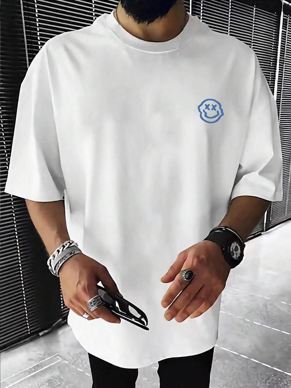 Men's Cartoon Expression & Letter Print Drop Shoulder Tee, Summer Outfits 2024, Regular Fit Casual Short Sleeve Round Neck T-Shirt for Summer,Â Graphic Tees for Men,Â Back To School Clothes, T Shirts for Men, Men Streetwear Graphic Tees