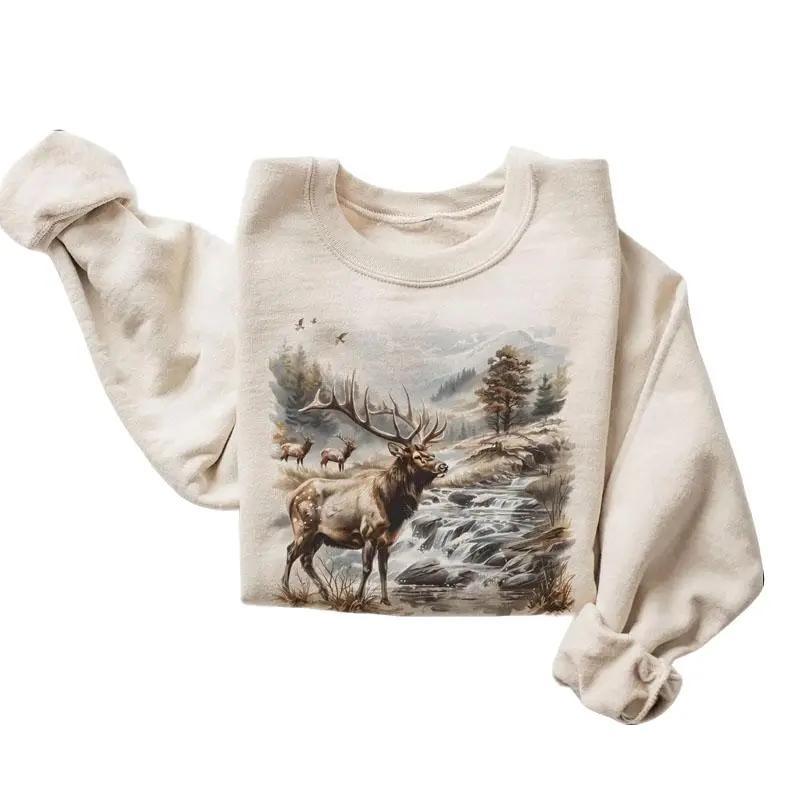 Retro Bull Elk Wilderness Scene Sweatshirt, Nineties Vintage Elk Nature Kids Outfit Gift For Women's Shirt, Outdoor Wear Crewneck Cotton Fit