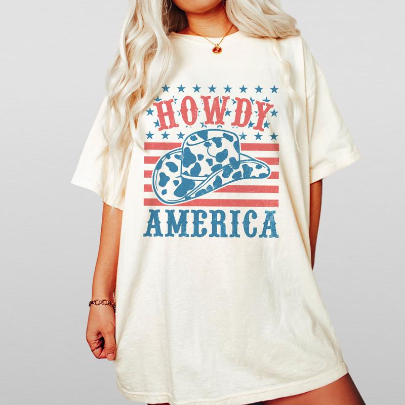 Howdy America Shirt, 4th Of July T-Shirt, Cowboy Style Patriotic Tee, Independence Day Celebration, USA Flag Design, Retro American Pride Shirt, Women's Casual Wear, Comfortable Summer Top, Western July 4th Outfit