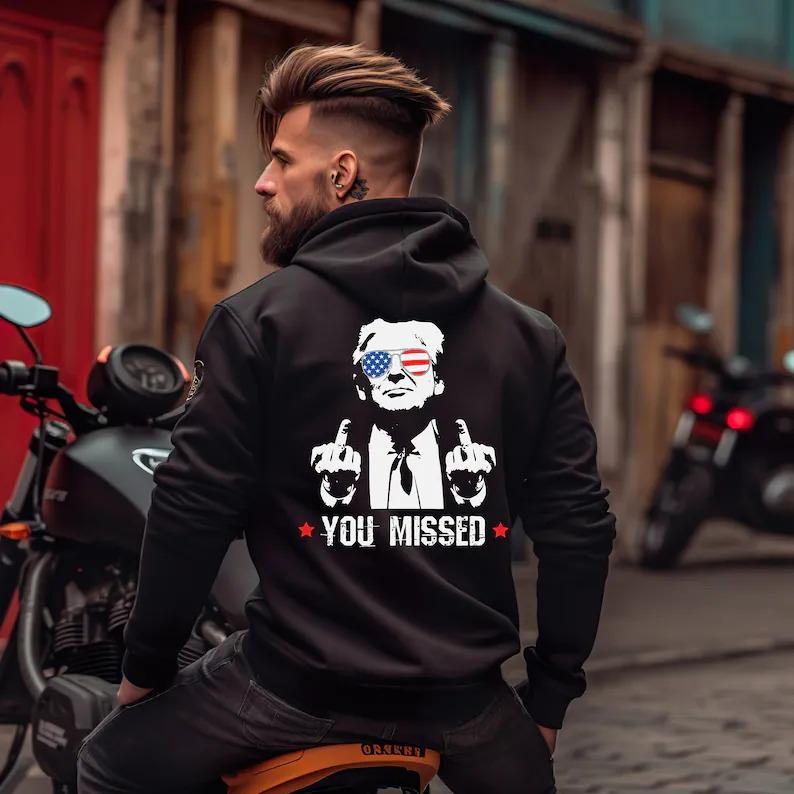 Western Trump Cowboy You Missed Flag Back Hoodie - 2 Side - Trendy Styles Available - Extensive Size Options - Multiple Colorways - Iconic Styles - Cross-gender Fashion