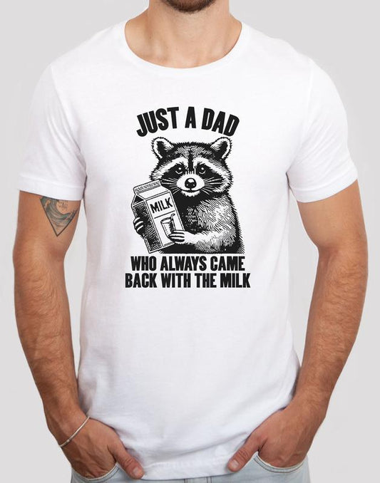 Raccoon Shirt, Just A Dad Who Always Came Back With The Milk, Father's Day Raccoon Shirt, Funny Milk Shirt, Vintage Animal Tee, Classic Unisex T-Shirt