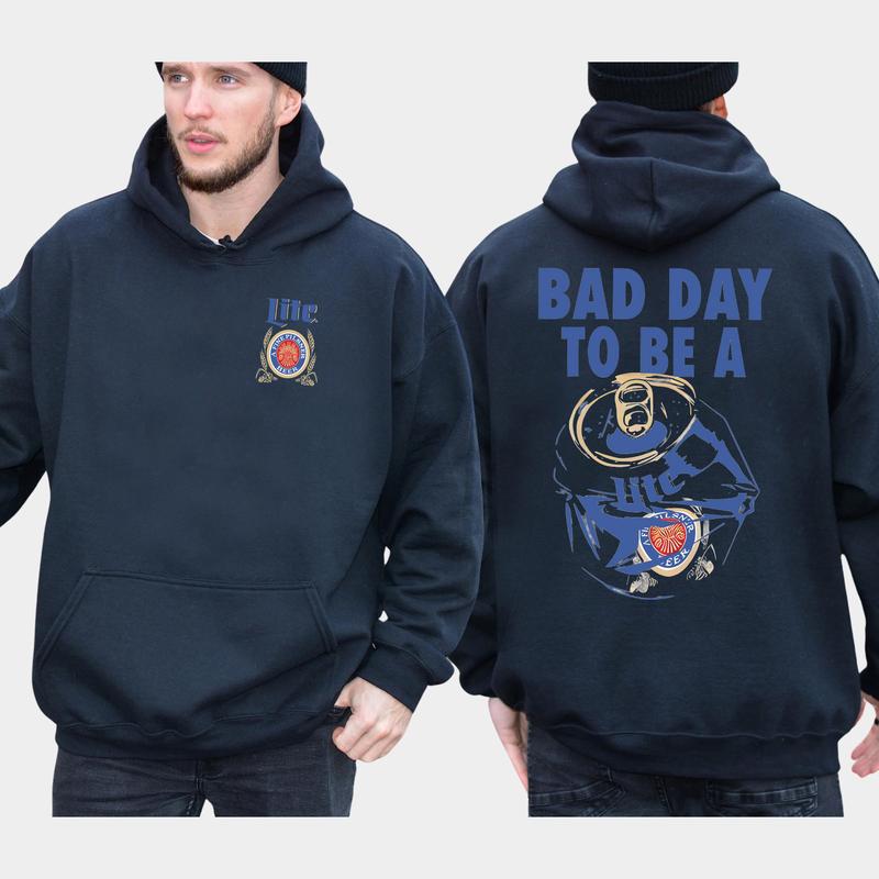 Men's Bad Day To Be A Miller Lite 2-Sided Hoodie, Funny Beer Drinking Hoodies, Miller Lite Sweaters, Unisex Drink Tops, Comfort Cotton Casual Menswear, Classic Long Sleeve Pullover