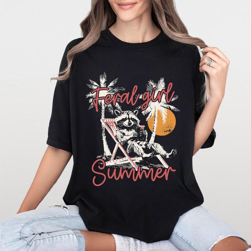 Feral Girl Summer Shirt, Feral Women Comfort Tee, Racoon Lover Shirt, Funny Raccoon T-Shirt, Beach Shirt, Beach Vacation Outfits, Trendy Summer Design, Feral Women Tops