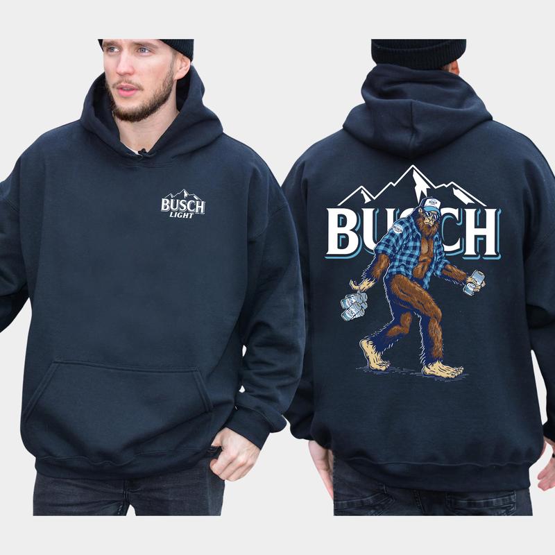 Men's Biggfoot Holding Busch Light 2-Sided Hoodie, Beer Drinking Hoodie, Funny Bigfooot Drink Pullover, Unisex Drinker Tops, Cotton Classic Menswear