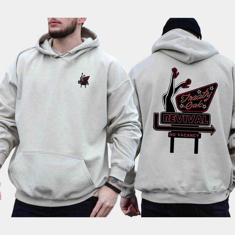 Vintage Treaty Oak Revival 2-Sided Hoodie, Retro Neon Sign Hoodies, Funny Men's Hooded Sweatshirt, Unisex Drink Tops, Classic Pullover Menswear