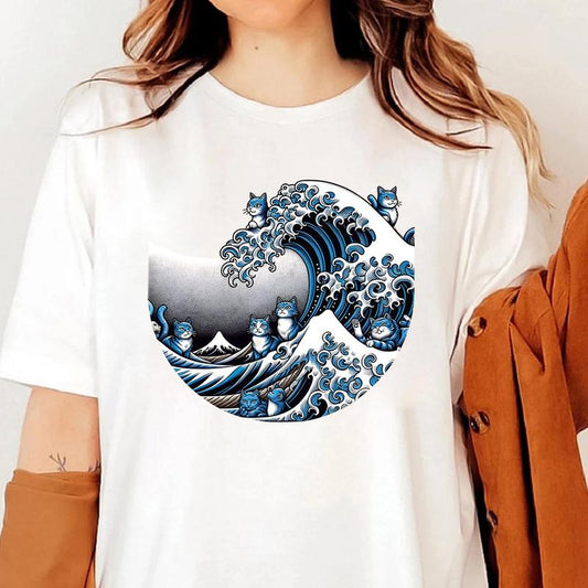 Blue Wave Cat For Kamala Shirt, Ukiyo-e Inspired Japanese Artistic Cat Lover Tee, Trendy Cat Wave Shirt, Kamala Harris 2024 Shirt Top Womenswear