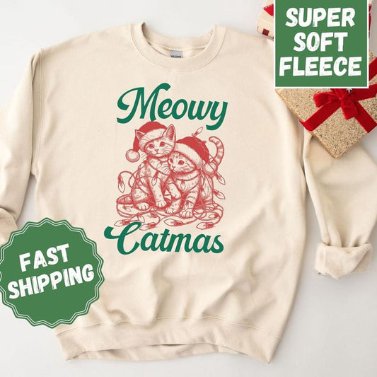 Meowy Catmas Crewneck Sweatshirt, Womenswear Cat Christmas Soft Printed Sweatshirt, Cozy Holiday Oversized Top Comfortable Fit, Fleece Long Sleeve