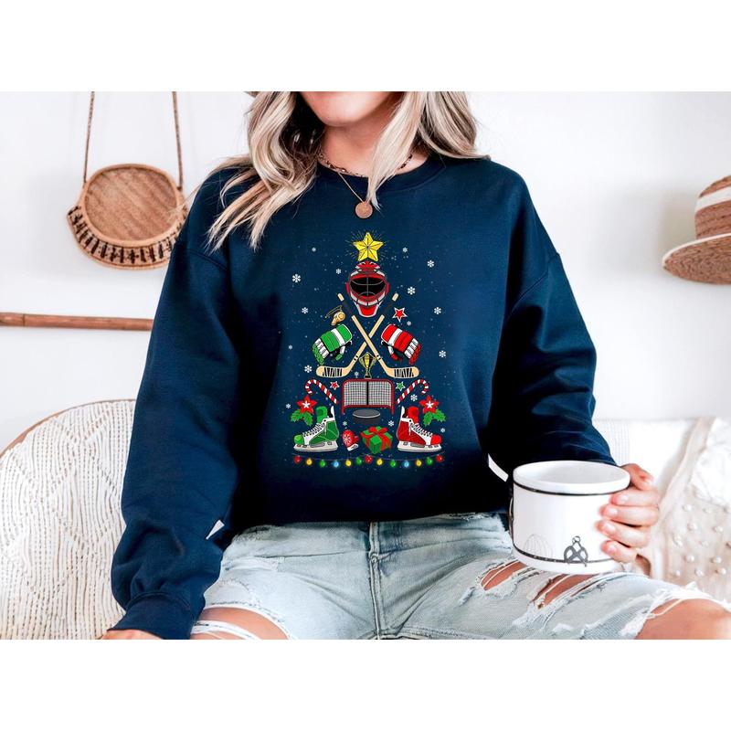 Ice Hockey Christmas Tree Sweatshirt, Ice Hockey Cool Santa Christmas Sweater, Santa Women Men Christmas Sweater, Festive Ice Hockey Lover FBQUG