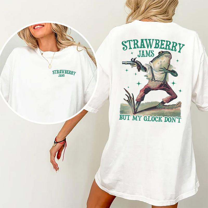Strawberry Jams But My Glock Don't Frog Graphic 2-Sided Shirt, Vintage Country Girl T-shirt, Retro Frog Tee, Funny Women's Top, Casual Womenswear