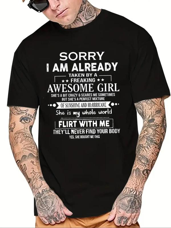 Men's Regular Fit Letter Print Round Neck Short SleeveÃ‚Â Tee, Casual Crew Neck Graphic T-shirt For Daily Wear, Fashion Comfy Men's Top For All Seasons