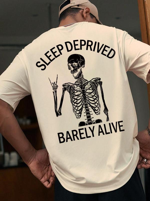 Men's Regular Fit Letter & Skeleton Print Drop Shoulder Tee, Back To School Outfits,Â Street Fashion Casual StreetwearÂ Round Neck Short Sleeve T-Shirt For Daily Wear, Menswear, Graphic Tees,Â Summer Outfits 2024