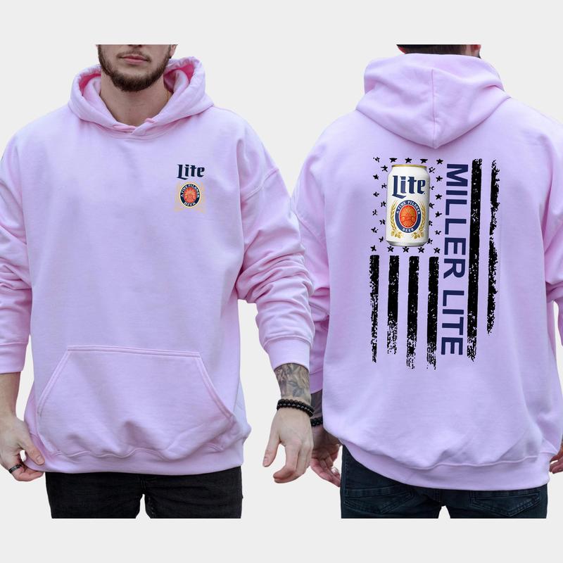 Men's Beer Miller Lite Flag 2-Sided Hoodie, American Flag Beer Drinking Hoodies, Unisex Drink Tops, Drink Sweaters for Him, Comfort Cotton Casual Menswear, Long Sleeve Pullover