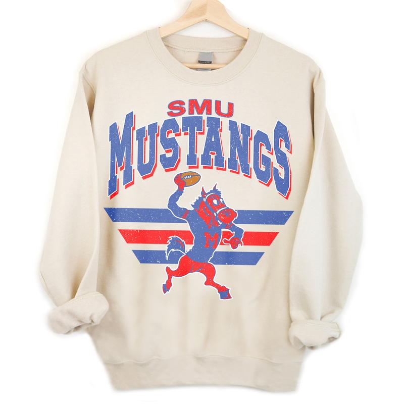 SMU Mustangs Vintage NCAA Sweatshirt, Unisex Mustangs Football Shirt, Classic Sport Hoodie, Gifts for Football Fans, Cotton T-Shirt, Hoodie