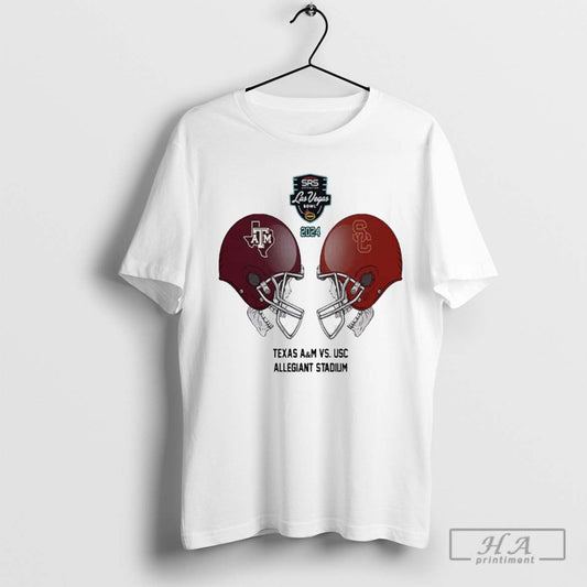 Srs Distribution Las Vegas Bowl Ncaa 2024 2025 Bowl Games Texas Am Vs Usc Trojans At Allegiant Stadium Skull Helmet Head To Head T Shirt