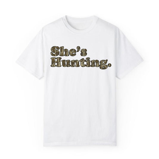 She is Hunting Camoflauge Bottomland Pattern Unisex T-shirt, Hunting Camo Graphic Printed Crewneck Sweatshirt, Unisex Mom Shirt Gift For Women
