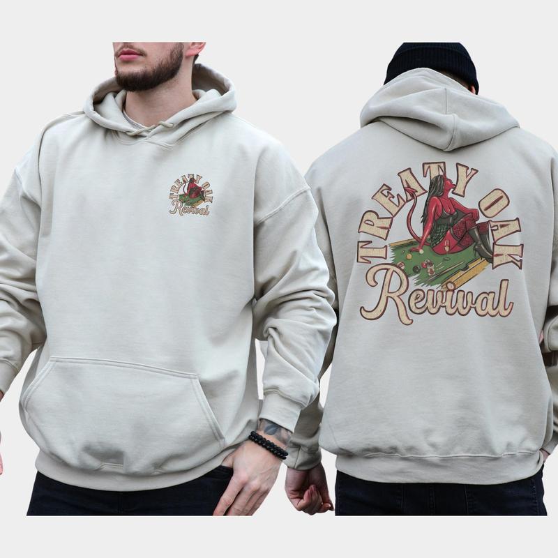 Men's Treaty Oak Revival Graphic 2-Sided Hoodie, Vintage Devil Girl on Billiard Board Concert Unisex Hoodies, Country Music Men's Tops, Comfort Cotton Casual Menswear, Classic Long Sleeve Pullover