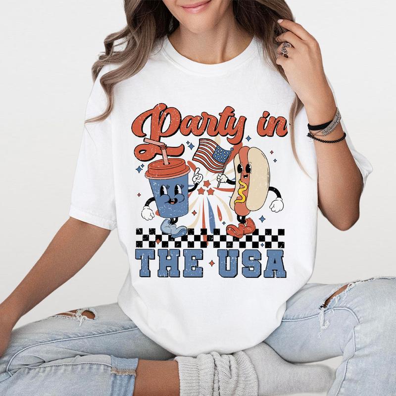 Retro Party In The USA Shirt, 4th Of July Shirts, Gift For Her, Indenpendence Day Gifts, Funny Fourth Of July Shirts, USA Hot Dog Funny Tee, USA Patriotic Tee, Shirt For Women, Trendy Celebration Shirt, Women's Tops Casual Comfort Womenswear Breathable