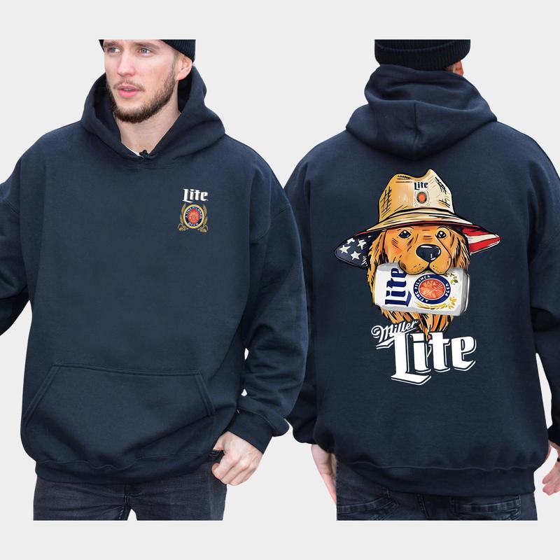 Vintage Miller Lite Golden Dog Hunting 2-Sided Hoodie, Men's Best Friend Dog Hoodies, Beer Drinking Sweaters, Unisex Drink Tops, Comfort Cotton Casual Menswear, Long Sleeve Pullover