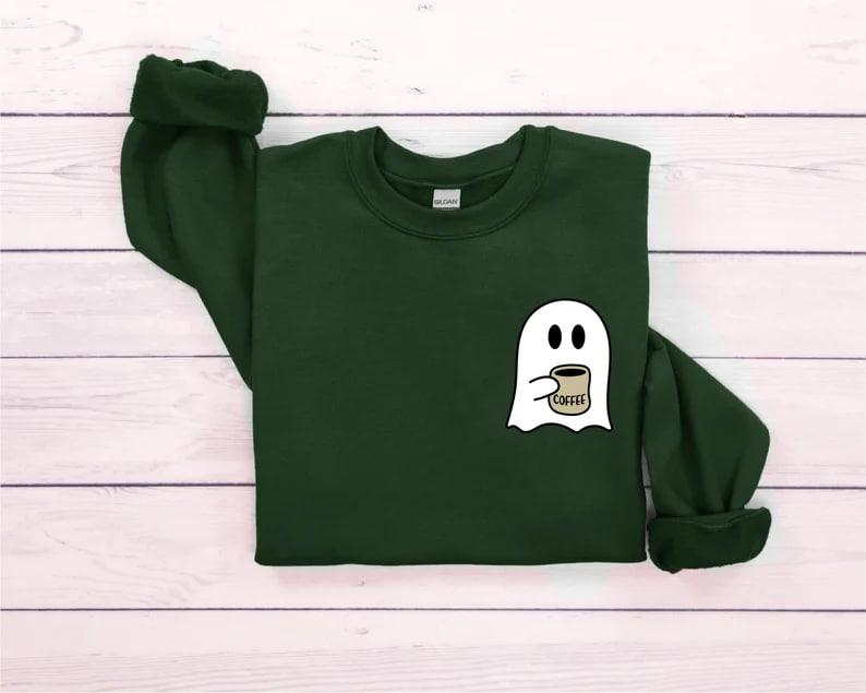 Cute Spooky Coffee Sweatshirt, Womens Ghost Sweatshirt, Spooky Season, Fall Coffee Lover Shirt, Halloween Party Shirt, Fall Graphic Shirt