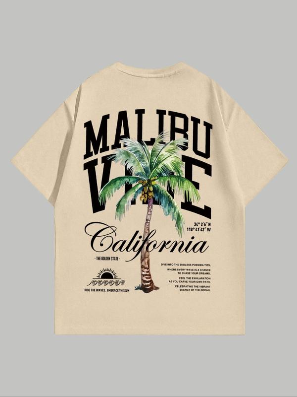 MMen's Coconut Tree & Letter Print Short Sleeve Tee, Regular FitÂ Casual Streetwear Graphic Round Neck T-Shirt, Graphic Tees,Â Men's Summer Graphic Tees Outfits