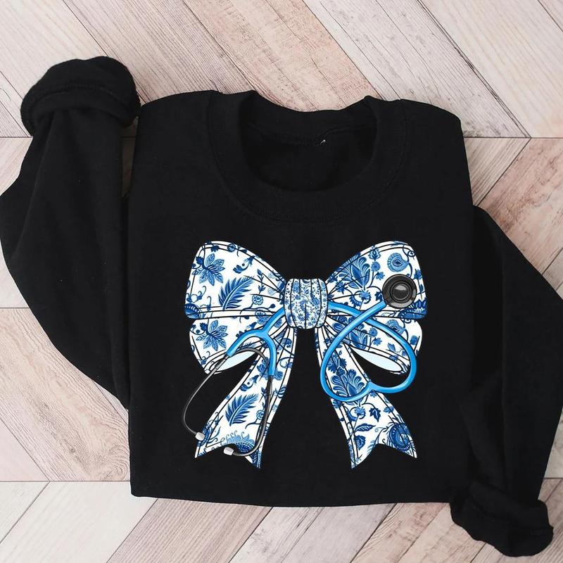Nurse Stethoscope Bow Sweatshirt, Blue Ribbon Shirt For Nurses, Nurse Life, Christmas Nurse Gift, Unisex Shirt, Gift For Her, Gift For Him