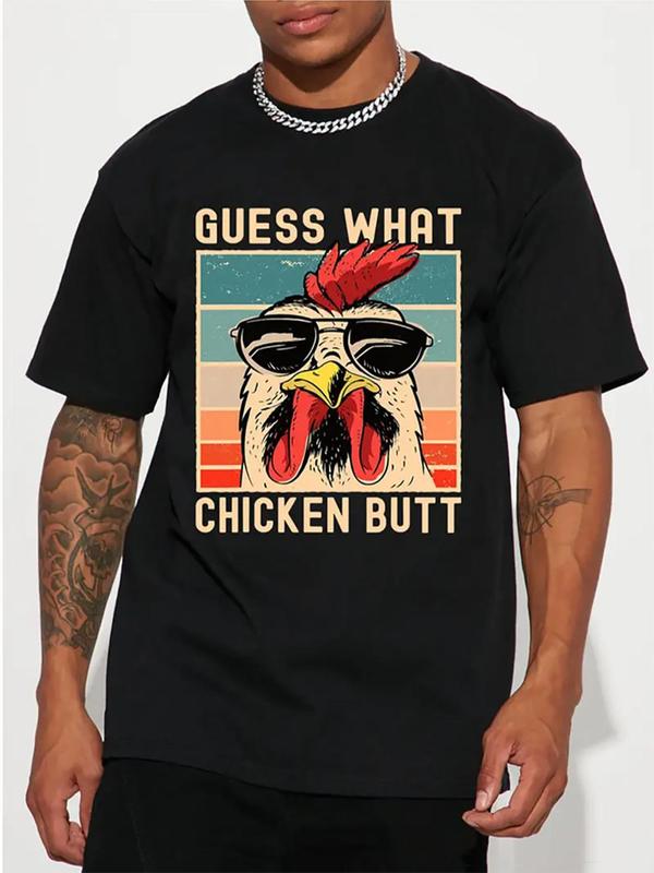 Men's Cartoon Chicken Print Tee, Casual Summer Graphic Round Neck T-shirt, Streetwear Regular Fit, Short Sleeve Fashion for Daily Comfort