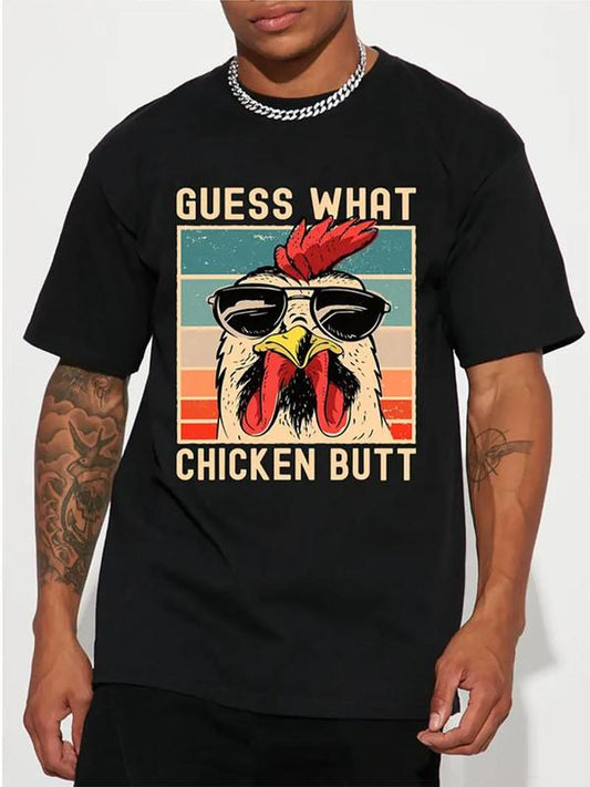 Men's Cartoon Chicken Print Tee, Casual Summer Graphic Round Neck T-shirt, Streetwear Regular Fit, Short Sleeve Fashion for Daily Comfort