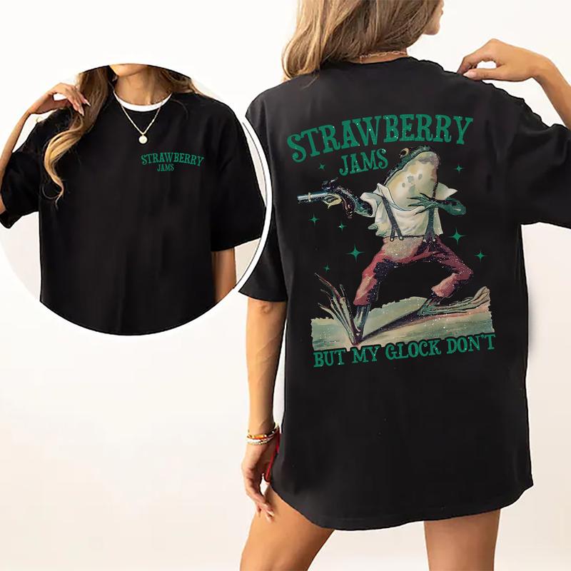 Strawberry Jams But My Glock Don't Frog Graphic 2-Sided Shirt, Vintage Country Girl T-shirt, Retro Frog Tee, Funny Women's Top, Casual Womenswear