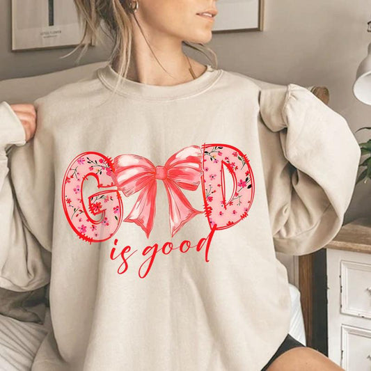 God is Good Coquette Bow Flowal Red Version Unisex Crewneck Sweatshirt, Jesus Christian Bible Verse Religious Tee