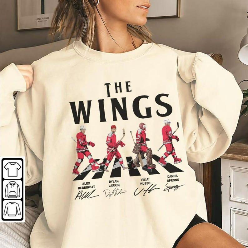 Wings Walking Abbey Road Signatures Ice Hockey Shirt, Alex DeBrincat, Dylan Larkin, Daniel Sprong, Ville Husso, Detroit Red Vintage