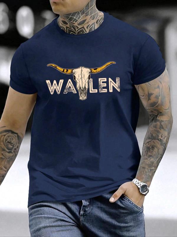 Men's Bull Head & Letter Print Round Neck Graphic Tee,Â Graphic Tees for Men, T Shirts for Men, Regular Fit Casual Short Sleeve Crew Neck T-shirt, Fashion Men'sÂ Men's T Shirts Summer Top for Daily Wear