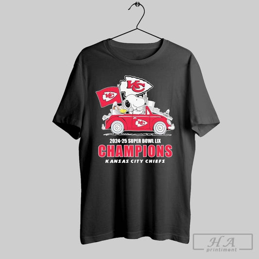 Snoopy And Woodstock Driving Car Kansas City Chiefs 2024 2025 Super Bowl Lix Champions T Shirts