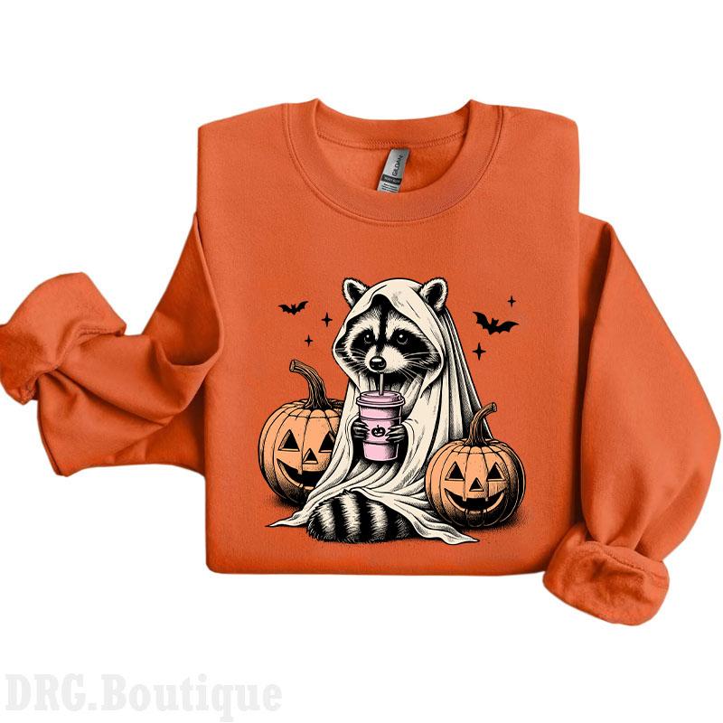Cute Raccoon Ghost Crewneck, Raccoon Halloween Sweatshirt, Vintage Pumpkin Fall Sweaters, Spooky Season Gift, Halloween 2024 Merch Women's Shirt, Hall